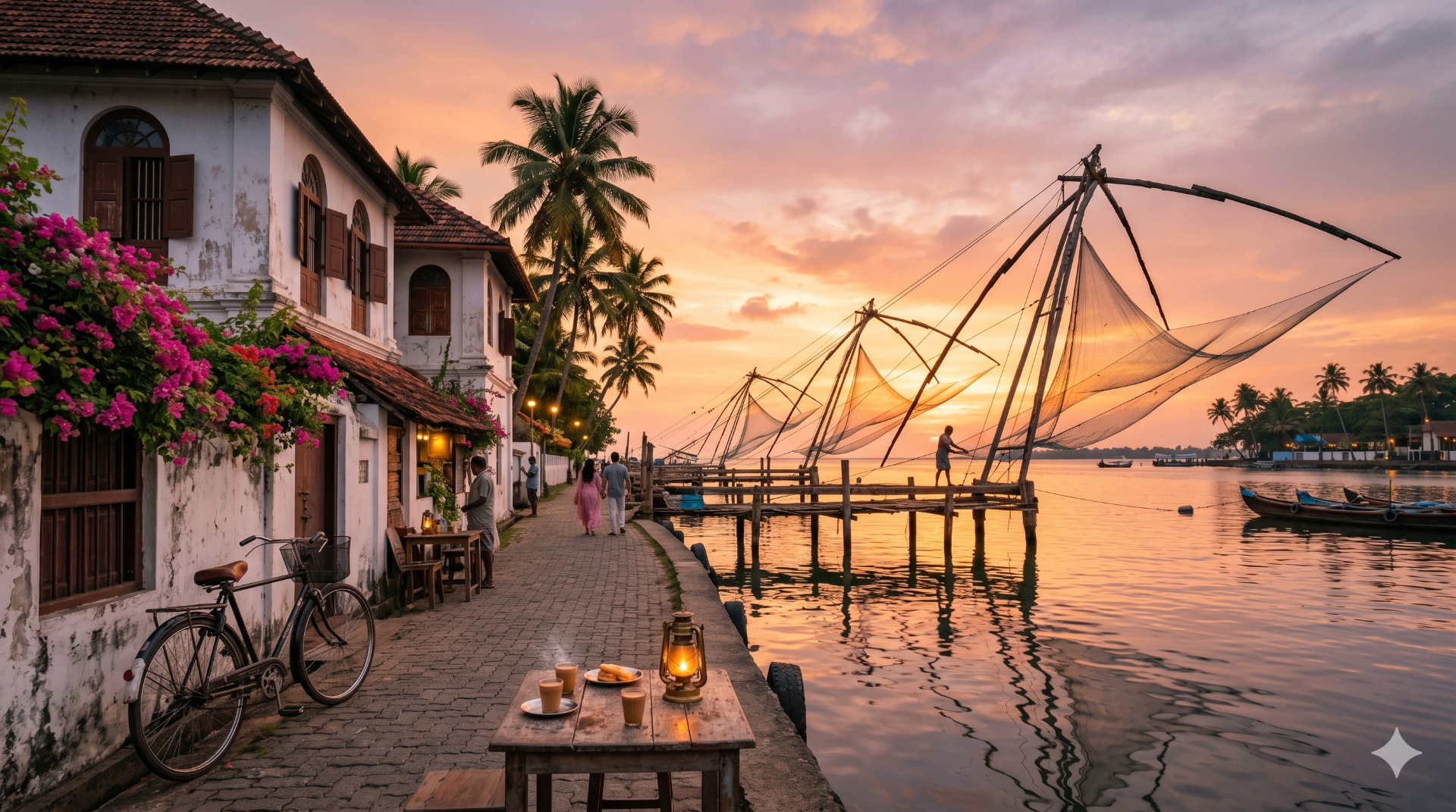 Chinese fishing nets and bougainvillea at Fort Kochi sunset