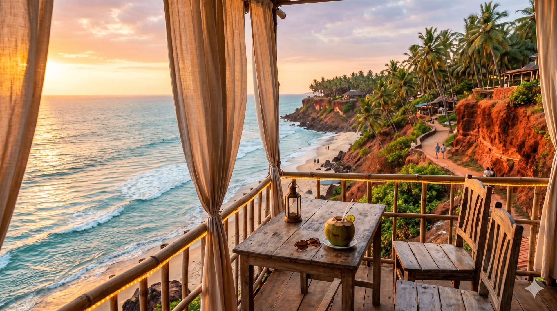 Bamboo balcony cafe overlooking Varkala's cliffs and sea